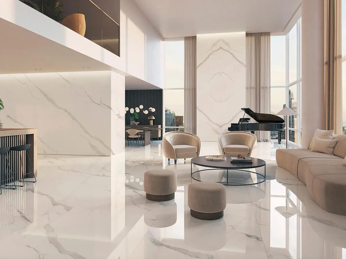 modern living room with white tiles
